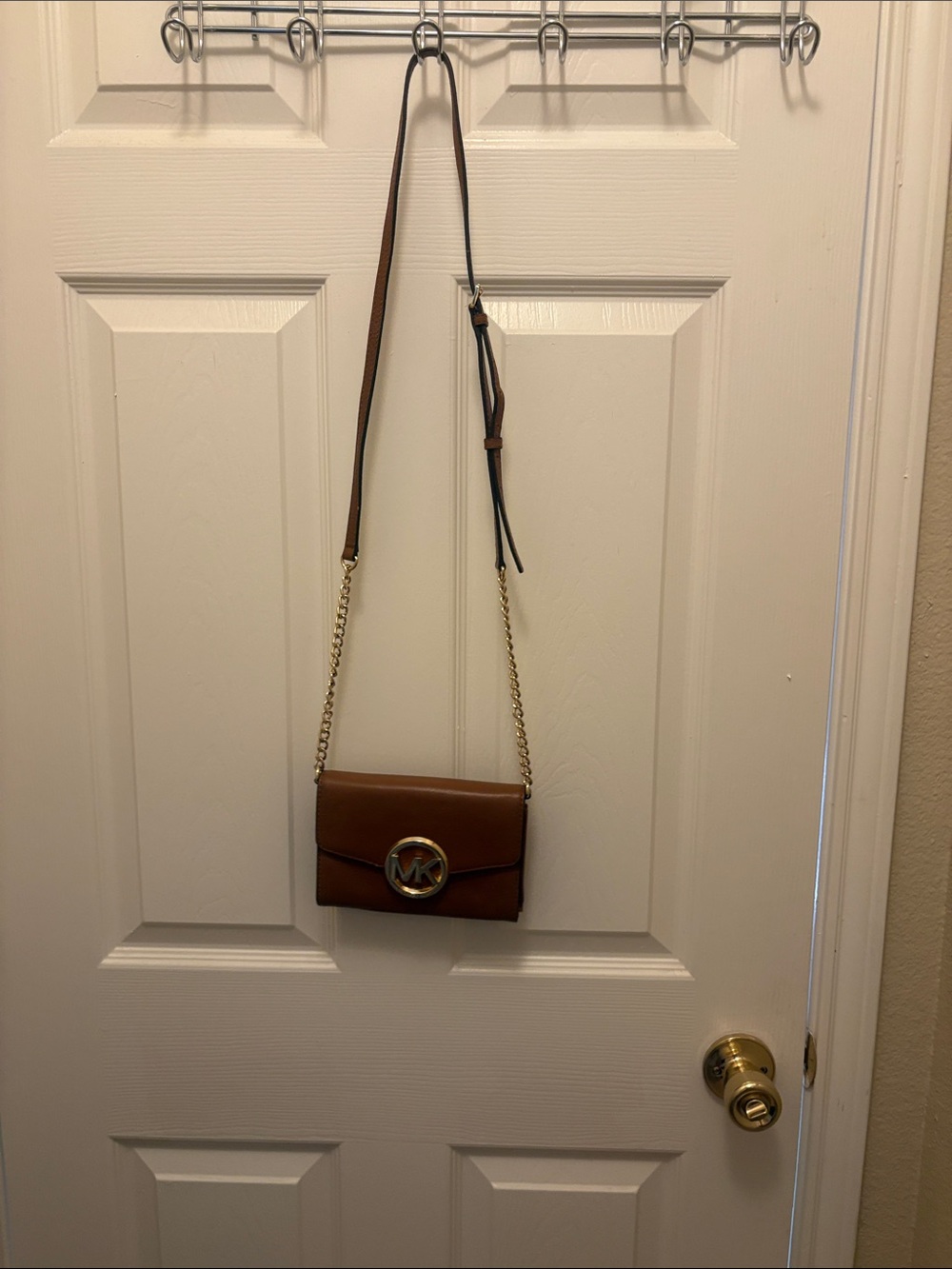 Michael Kors Cognac Leather Crossbody Wallet with Gold Chain